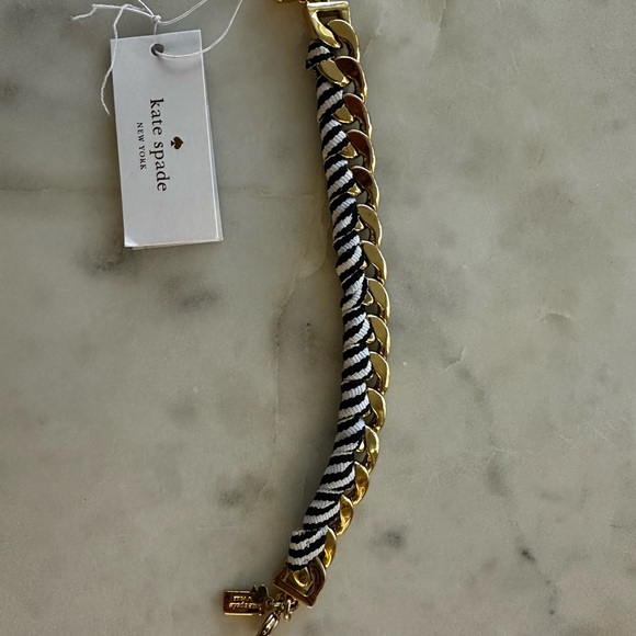 NWT! Kate Spade Gold Tone and Black/White Cotton Ribbon Bracelet - Picture 2 of 6